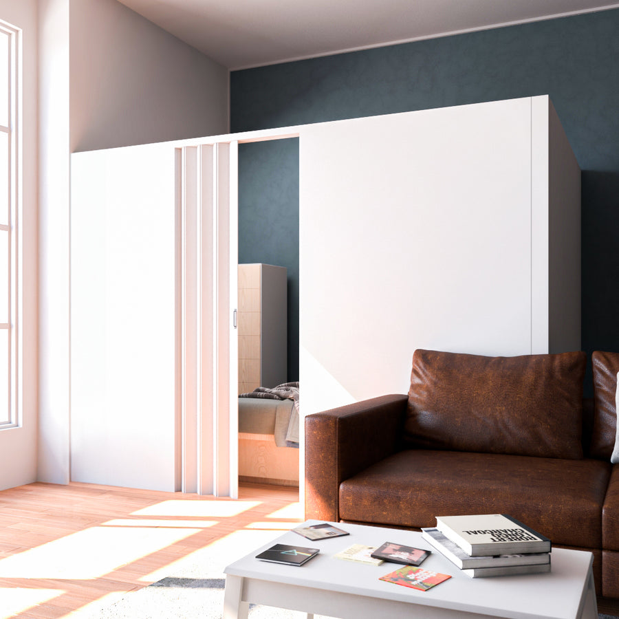 Modern minimalist living room with brown leather couch, white coffee table, and partition wall with sliding doors separating the bedroom