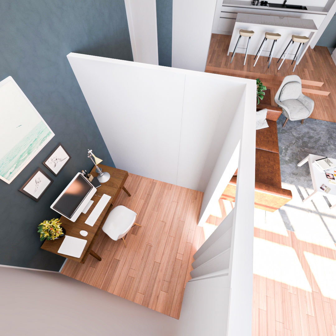 Top view of a modern home office with L-shaped partition wall, wooden desk with computer and lamp, adjacent to a living room with brown couch and kitchen with bar stools.