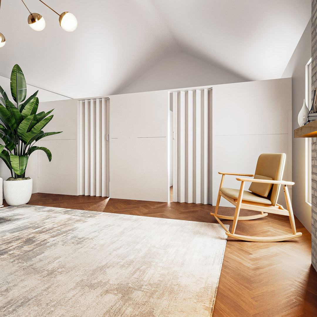Boho living room with hardwood floors and luxury lighting, with a partition wall that divides the room with accordion doors and white modular wall panels