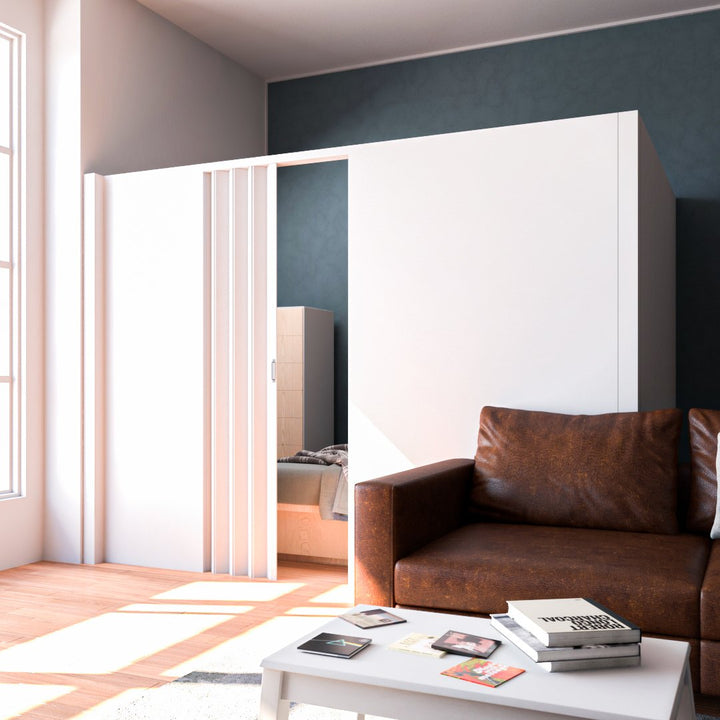 wall mount L shaped with door and bed inside near sofa