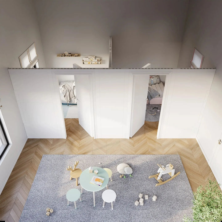 T-Shaped Modular Wall with Swing Doors Used to Create 2 separate bedrooms and a common room
