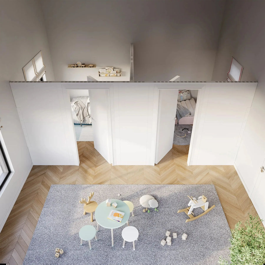 T-Shaped Modular Wall with Swing Doors Used to Create 2 separate bedrooms and a common room