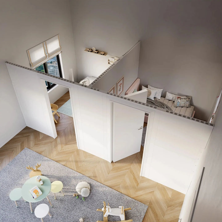 Angled View of the T-Shaped Modular Wall with Swing Doors Used to Create 2 separate bedrooms and a common room
