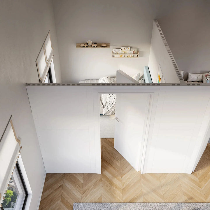 Angled View of the Left bedroom of the T-Shaped Modular Wall with Swing Doors