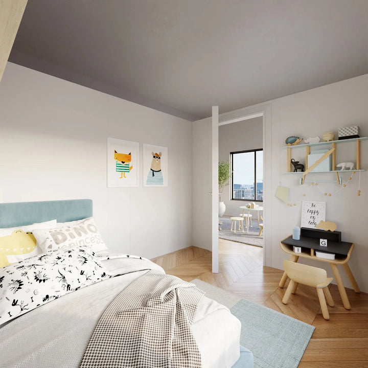 Inside View of the Left bedroom of the T-Shaped Modular Wall with Swing Doors