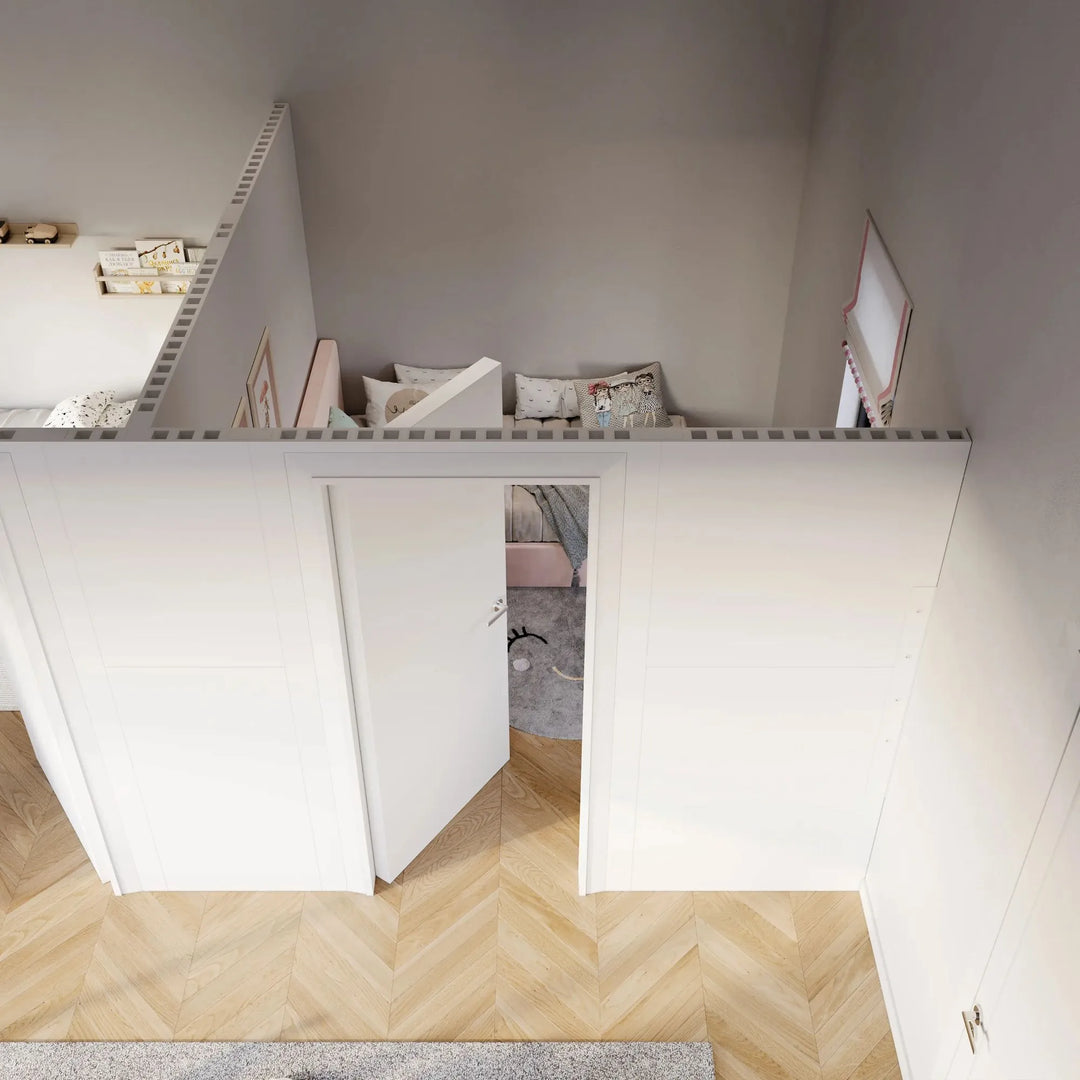 Angled View of the Right bedroom of the T-Shaped Modular Wall with Swing Doors
