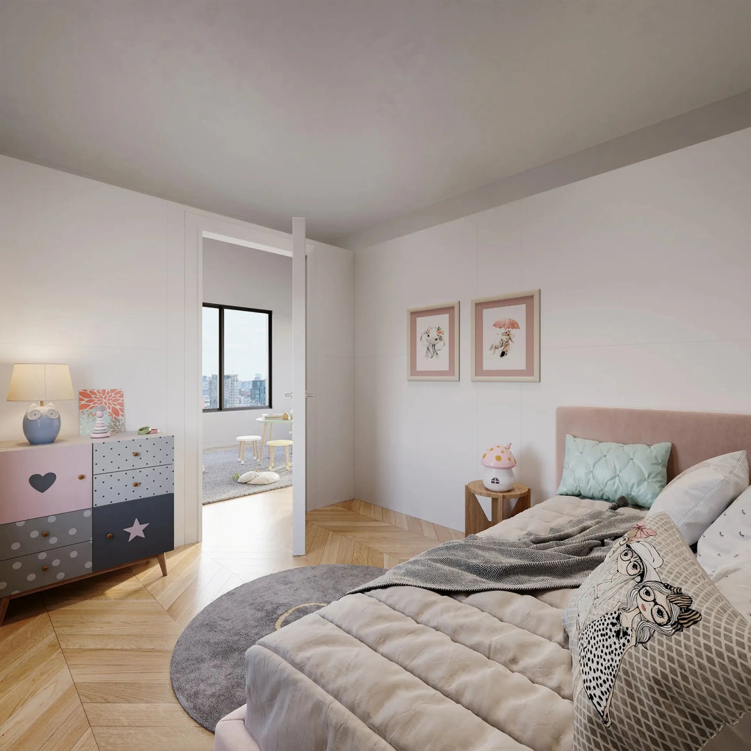 Inside View of the Left bedroom of the T-Shaped Modular Wall with Swing Doors