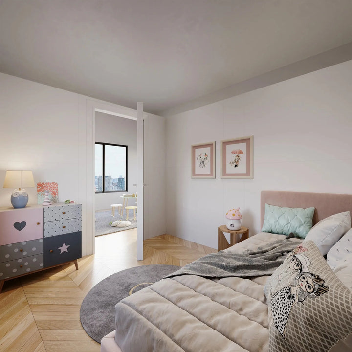 Inside View of the Left bedroom of the T-Shaped Modular Wall with Swing Doors