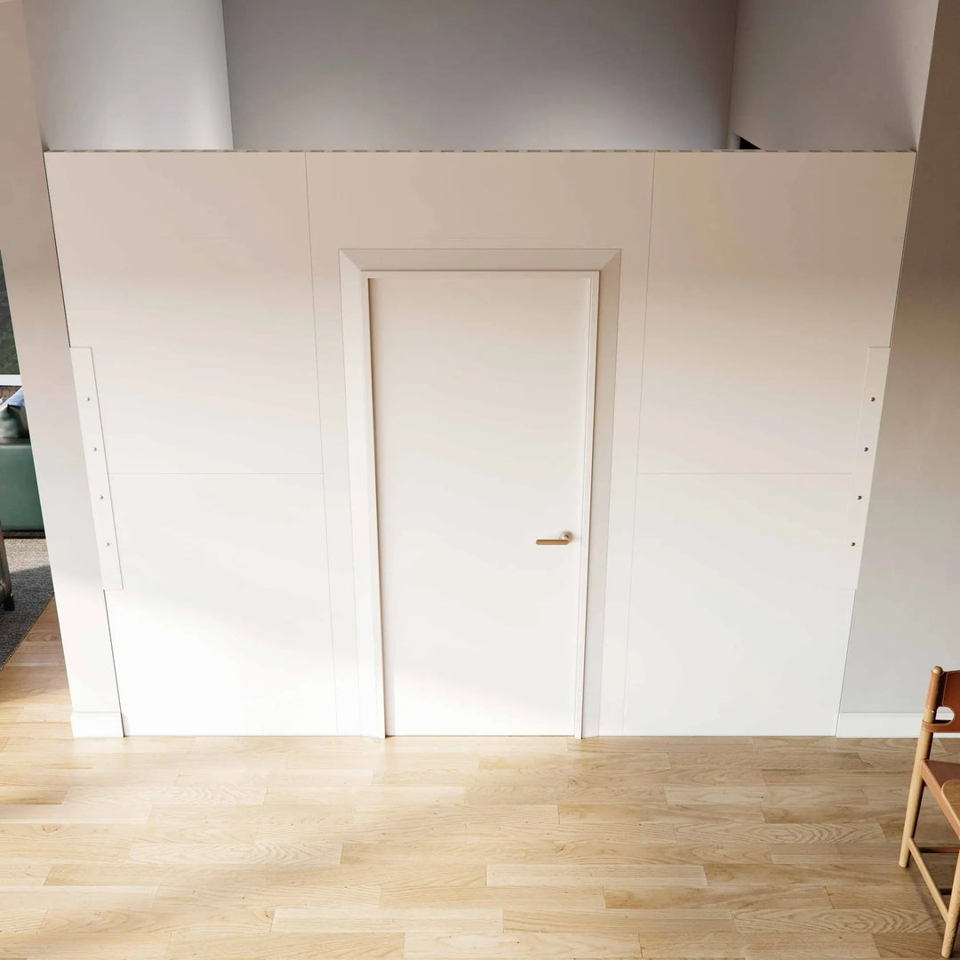 An 8ft tall room divider with a built in swing door for extra privacy. Shown from an elevated angle.