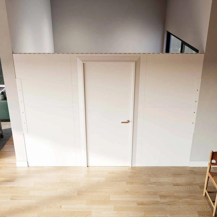 A room divider with a swing door closing of a space and creating more privacy seen at an elevated angle