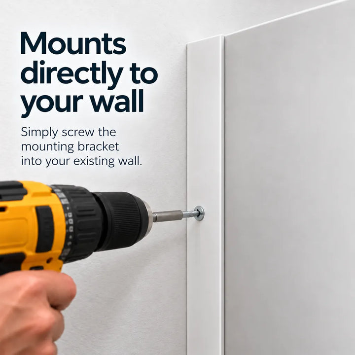 A person uses a yellow cordless drill to screw a mounting bracket into a white wall, with text that says 'Mounts directly to your wall' and 'Simply screw the mounting bracket into your existing wall.'.